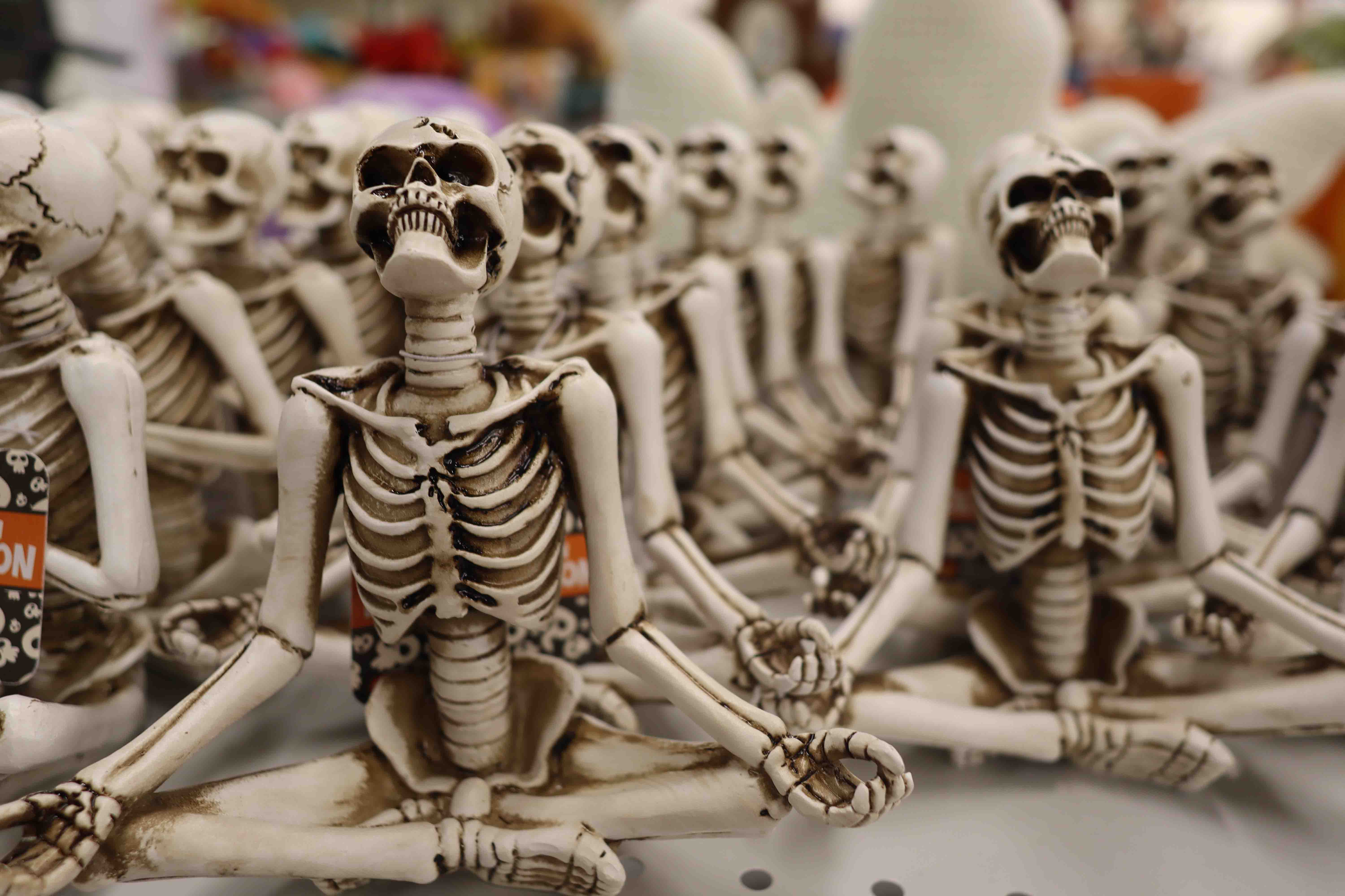 Decoration of skeletons doing yoga poses.